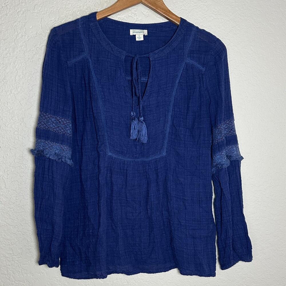 Sundance Blue Blouse Tassel Ties Crochet Boho Casual Gauzy Long Sleeve Small